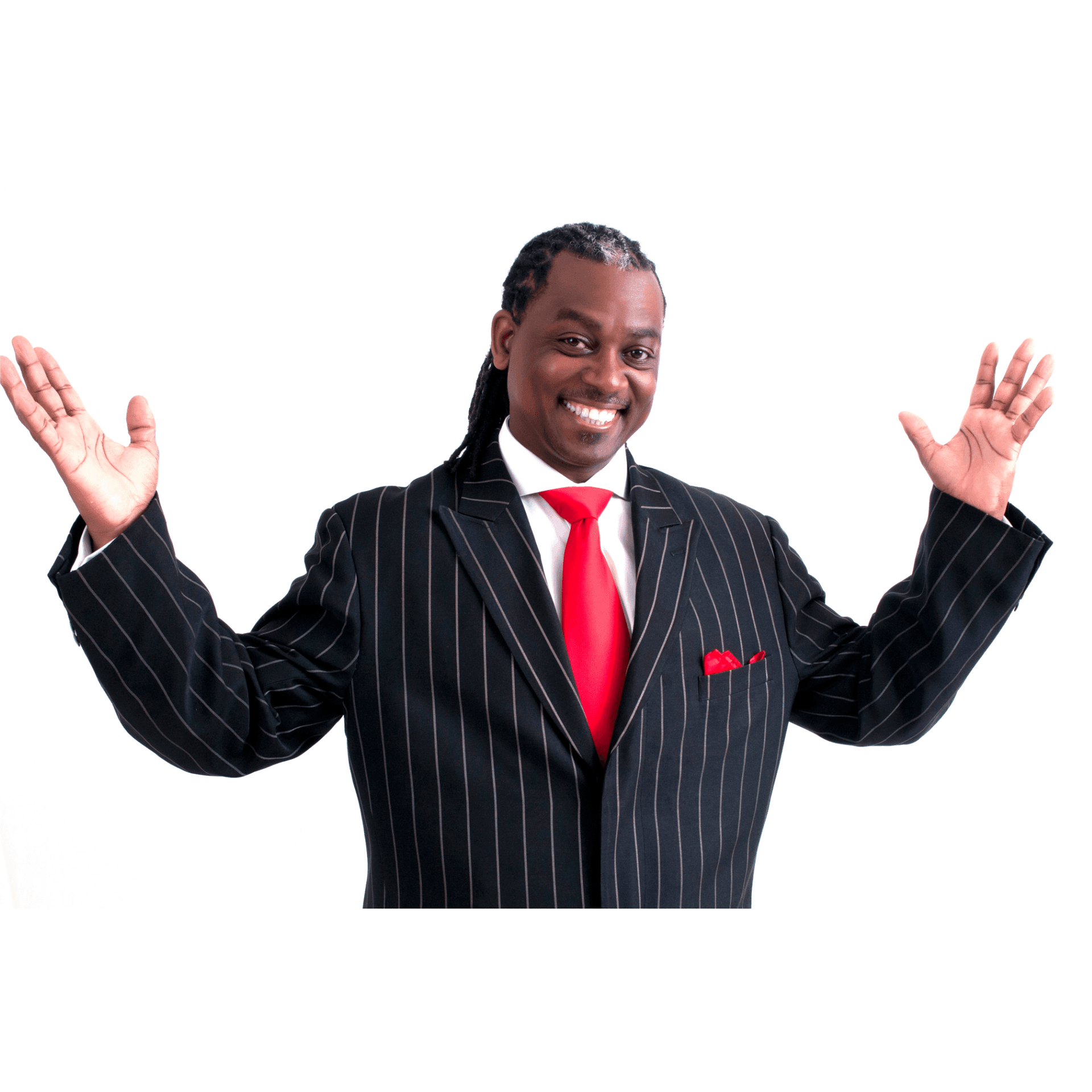 Man in pinstripe suit with red tie gesturing happily on a white background.