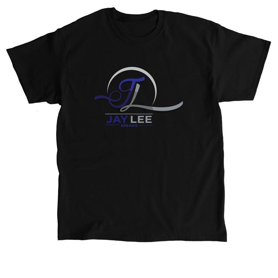 Black T-shirt with Jay Lee Speaks logo in blue and gray on the front.